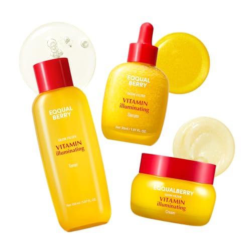EQQUALBERRY Vitamin Illuminating Skincare Set ? Toner + Serum + Cream | Vitamin C & Niacinamide | Targets Dark Spots | Ceramides for Skin Barrier | Lightweight, Glowy Hydration
