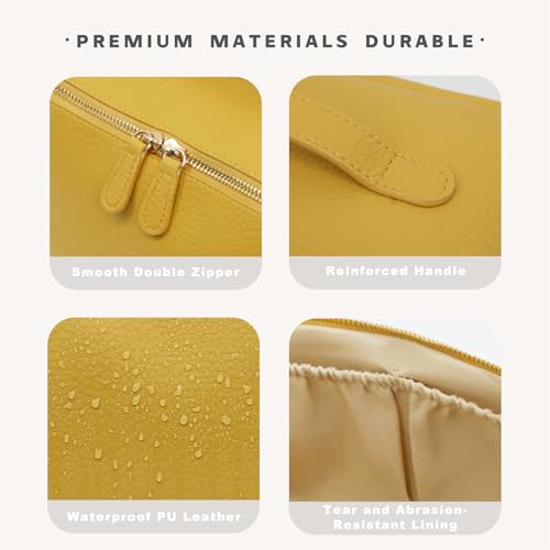 Travel Makeup Bag ? Large Cosmetic Organizer with Waterproof PU Leather, Smooth Double Zipper & Tear-Resistant Lining, Toiletry Pouch for Women (Yellow)