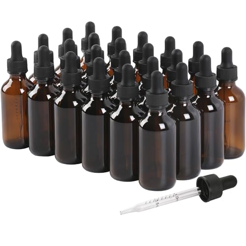 24 Pack, 2oz Glass Dropper Bottle, Preety Texture Tincture Bottles with Precise Scales Eye Droppe, for All Kinds Of Mixed Liquids,Leak-Proof Design for Easy Travel (Amber)
