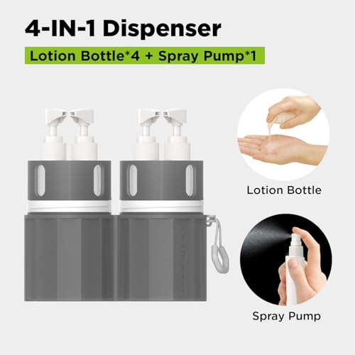 4 in 1 Travel Dispenser Bottle, TSA Approved Refillable Shampoo and Conditioner Bottles Set with Suction Cup for Smooth Walls, Travel Size Toiletries Container for Body Wash/Lotion.(Pink+Grey) 2P