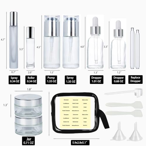 18Pack Glass Travel Bottles for Toiletries, TSA Approved Glass Travel Containers 1.35/0.7/1 oz Silver Small Travel Bottles with Label, BPA Free Leak Proof with Pump Spray Bottles for Makeup, Skincare