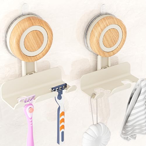 Razor Holder for Shower 2 Pack, Suction Cup Shaver Holder for Wall, Removable&Reusable Suction Cup Hooks for Bathroom, Damage-Free Suction Shower Hooks, Wall Mounted Razor Stand, Beige