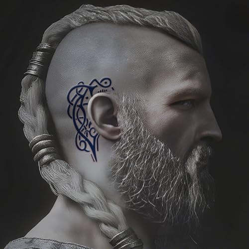 10 Sheets Viking Temporary Tattoos for Men and Women, Waterproof & Long-Lasting Temp Celtic Fake Tattoo Stickers for Adults, Tattoo Axe Bullhorn Dark Blue for Parties Festivals Styling Accessories