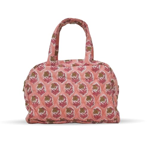 Handmade Cotton Quilted Travel Bag|Floral Hand Block Print Toiletry Bag,Cosmetic Pouch Bag |Floral Cosmetic & Toiletry Pouch for Women|Makeup Bag For Women - (light pink)