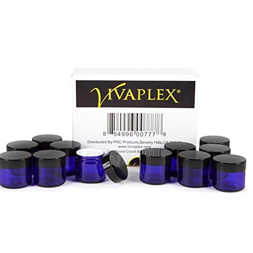 Vivaplex, 12, Cobalt Blue, 2 oz, Round Glass Jars, with Inner Liners and black Lids (Pack of 2)
