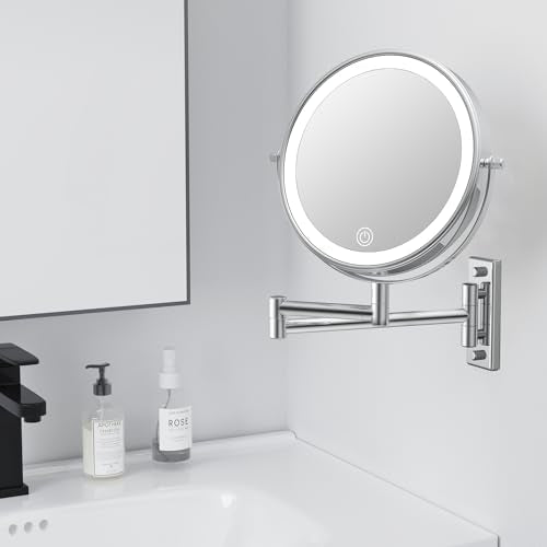1X/20X Wall Mounted Makeup Mirror with Lights, 8" Double Sided Bathroom Magnifying Mirror with 360¡Æ Extension Arm, Dimmable, Rechargeable, Touch Control, Chrome