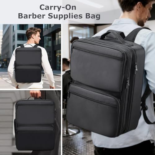 Barber Bag with Detachable Tray, 16.8-in Travel Backpack for Clippers and Supplies, Large Capacity Hairdresser Bag with Adjustable Dividers for Hair Cutting Tools