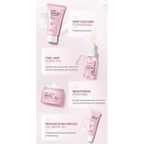 Travel Skincare Kit - Sakura Gentle Korean Skin Care Set for Teen Girls & Women | Hydrating Cleanser, Anti-Aging Serum, Moisturizer, Eye Cream - Radiant Skin Mini Holiday Box Gift (4PC)