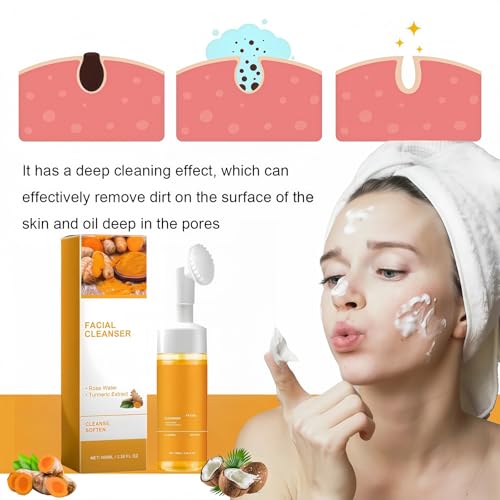 2 Pcs Turmeric Facial Cleanser, Deep Cleansing Brightening Exfoliating Turmeric Foaming Face Glow Wash with Brush for All Skin