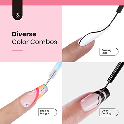 beetles Gel Polish Nail Art Liner Set with 2 Pcs 15ml No Wipe Gel Top Coat and Base Coat Set Gel Liner Nail Polish White Black Red Silver Nude Glitter Colors Paint Swirl Built Thin Brush in Bottle