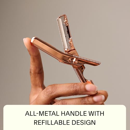 Leaf Shave | Leaf Dermaplaner Kit, All-Metal Reusable Dermaplane Razor and Exfoliating Tool for Women, Includes Matching Stand and 10-Pack of Refills - Chrome