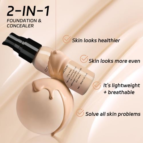2 in 1 Foundation Concealer, Lightweight Creamy Long Lasting Face Makeup for Combination Oily Skin, Conceals Dark Circles Under Eyes Dark Spots and Blemishes, Vegan Cruelty-Free, Cappuccino