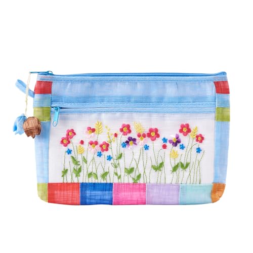 Korean Traditional Patchwork Pouch ? Hand-Embroidered Floral Design with Zipper (Light Blue)