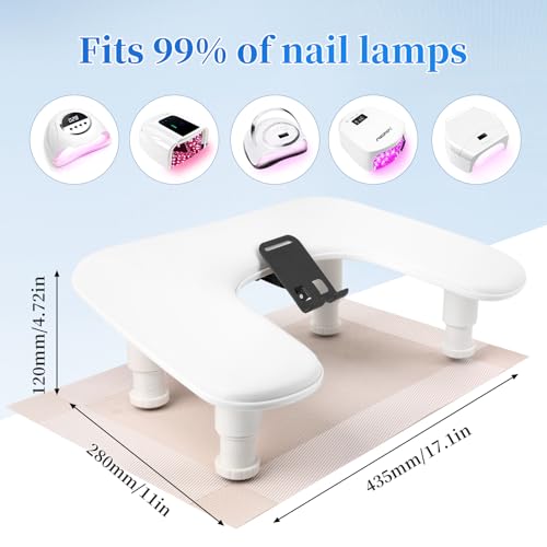 Big Adjustable Nail Arm Rest for Nails Tech with Rotating Phone Holder, U-Shaped Manicure Hand Rest, PU Leather Hand Stand with Pad for Nail Salon, Nail Tech, and DIY(White)