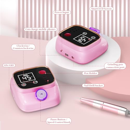 Electric Nail Drill 45000 RPM, Professional Rechargeable Nail File Kit, Nail Drill Machine, Nail Grinder, Acrylic Nail Kit for Any Manicure, Pedicure, Gel Polishing Removing, Pink
