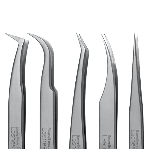 Eyelash Extension Tweezers - 5 PCS of Lash DIY Precision Set, Curved Volume Lash Tweezers - Cluster Application and Removal of Eye Lashes Extensions Stainless Steel