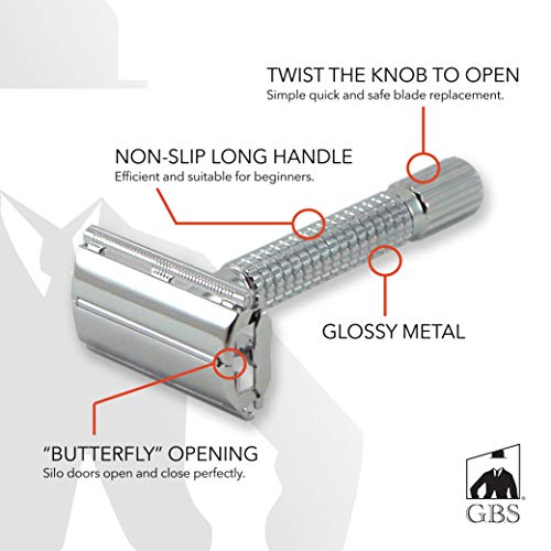 G.B.S Men's Wet Shaving Holiday Kit, Classy Butterfly Non-slip Knurled DE Safety Razor with Case, Omega Cream, Blades, Shaving Brush and Razor Stand