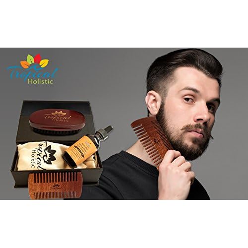 Tropical Holistic Natural Beard Grooming Kit for Men, 3-in-1 Set, Boar Bristle Brush, Handmade Wood Comb, 100% Pure Unscented Hair Treatment Oil 2 oz, Travel Bag