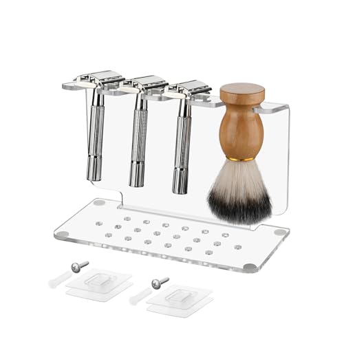 Beautyflier Safety Razor Stand, Clear Acrylic Razor Holder and Shaving Brush Stand, Men's Travel Shaver Stand Compatible with Most Razors and Brushes, Holds 3 Razors and 1 Brush (Stand Only)
