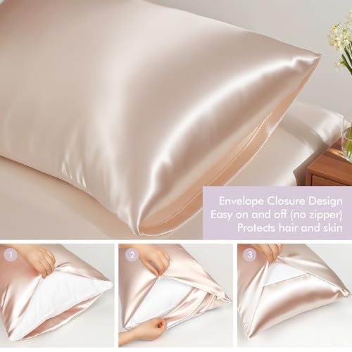 Vegan Silk Sleep Set, Vegan Silk Pillowcase with Large Scrunchie and Eye Mask for Hair and Skin, Self Care Essential Satin Night Routine Kit (Light Pink Color)