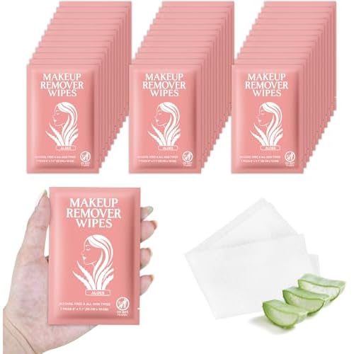 Makeup Remover Wipes Individually Wrapped Facial Cleansing Towelettes Bulk, Disposable Cleanser Makeup Removal Cloths Pads for Oil Dirt Skin Care Removing Mascara Lipstick Travel Hotel Aloes £¨50 Pack)