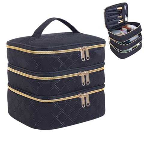 Large Makeup Bag 3 Layers with Handle Travel Makeup Bag Organizer Toiletry Accessories Bottles, Brushes, and Skin Care Products (Blakc)