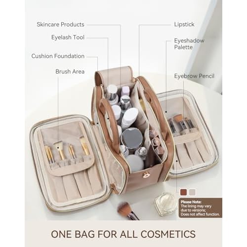 Prite Makeup Bag for Women, Large Capacity Waterproof Travel Cosmetic Organizer, Portable Open Flat Toiletry Bag with Free-standing Brush Holder and Handle(Brown Large)