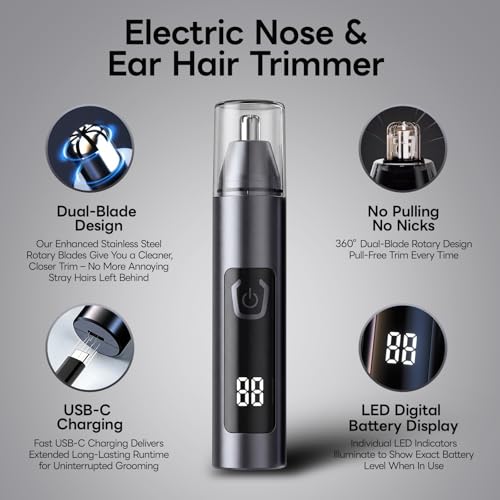 Electric Nose Hair Trimmer for Men Women,Nose & Ear Hair Trimmer,USB-C Charge,Low Noise, Ergonomic Design,Digital Battery Display,Long Lasting, Detachable Washable Head,Mens Nose Trimmer,Ear Hair