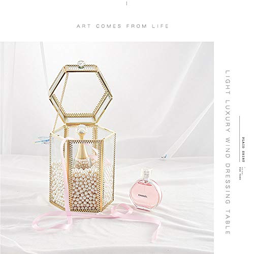 L-Lei Makeup Brush Holder with Lid,Clear Glass Makeup Brush Organizer Gold Makeup Brush Holder with Free White Pearls