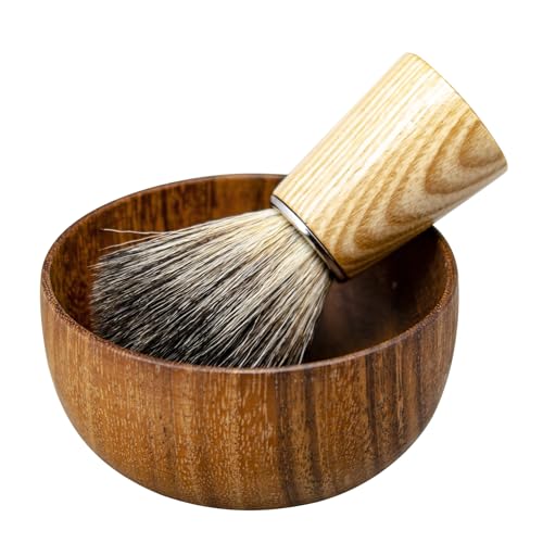 Shaving Brush and Bowl Set Synthetic Hair Shaving Brush with Solid Wood Handle and Wooden Shaving Soap Bowl for Men Easy to Lather Fits Wet Shaving