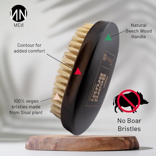 Natnique Vegan Beard Brush for Men, 100% Sisal Plant Bristles, Ergonomic Design with Natural Beachwood Handle - Men's Beard & Mustache Brush ? 100% Natural, Non-Synthetic, Cruelty Free