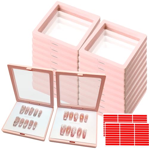 Press On Nail Packaging Boxes 3D Floating Press On Nail Storage Box Nail Display Box with 60pcs Double Sided Adhesive Nail Display Tape for Nail Tech (Pink, 4.3 inch)