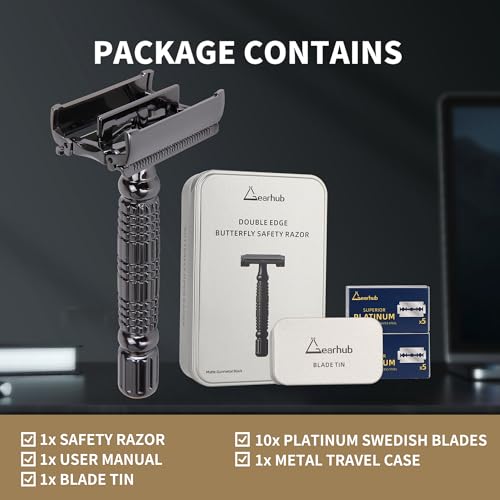 Gearhub Butterfly Double Edge Safety Razor Reusable Stainless Metal Wet Shaving Razor with 10 Swedish Platinum Blades for Men Women Barber Bikini Armpit Hair, Matte Black GR179