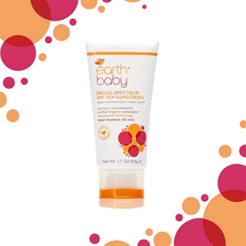 Earth Baby Broad Spectrum SPF 30+ Sunscreen, Reef Safe, Water-Resistant, UVA/UVB Protection, Hypoallergenic for Sensitive Skin, Natural and Organic, For Babies Toddlers and Kids, , 1.7 Fl Oz