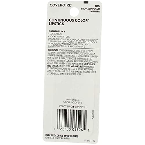 CoverGirl Continuous Color Lipstick, Bronzed Peach 015, 0.13-Ounce Bottles (Pack of 2)