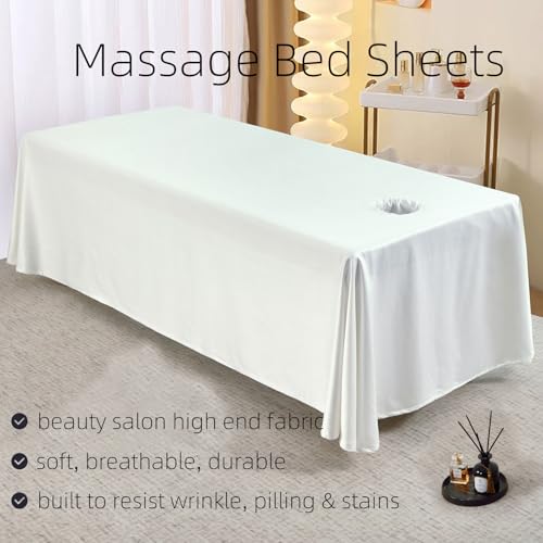 Premium Reusable Massage Table Skirt Sheets with Face Hole, Bed Cover Professional Massage Linens Fitted Wax Mat for Esthetician Bed, Stain and Wrinkle-Resistant, Machine Washable (White, 72*118 Inch)