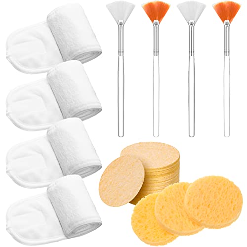 Skyley Esthetician Supplies 4 Pack Facial Headbands Esthetician Makeup Head Wrap 30 Pieces Compressed Facial Sponges, 4 Pieces Face Mask Fan Brushes(Yellow, White, Orange)