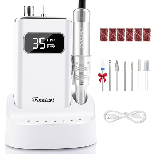 Electric Nail Drill File, Professional Portable Nails Drills Kit with Rechargeable Base 7 u?as Bits, Cordless Efile for Poly Gel Acrylic Nails Remover Home Salon Pedicure Manicure Tool, White
