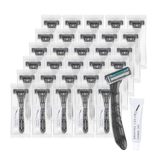 Disposable Razors Bulk, Gray Razors Individually Wrapped Bulk, With Shaving Cream For Hotels, Shelters, Homeless, Nursing Homes, Charities, Churches (30-PACK)