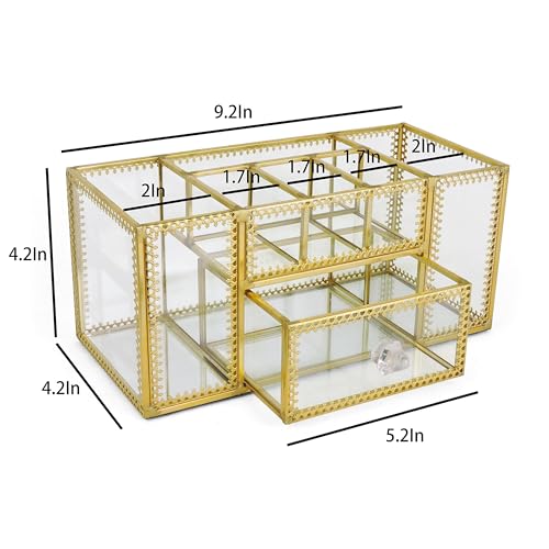 FSyueyun Vanity Clear Glass Makeup Organizer, Gold Makeup Brush Holder Cosmetic Storage Display Case for Skincare Perfume Dresser Countertop