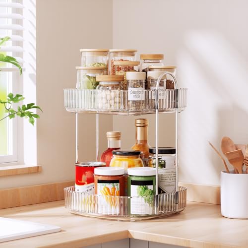 Delamu Rotating Bathroom Countertop Organizer, Large Capacity 2-Tier Multi-Function Storage for Cosmetics, Skincare, and Perfume. Makeup Organizer Countertop Ideal for Dresser, Bathroom,Vanity, Clear