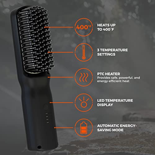 Wild Willies Beard Straightener for Men - 3 Temperature Settings, Tourmaline Ceramic Heated Beard Brush & Hot Comb - Portable, Ionic Technology, Coarse & Curly Hair, 400F - Grooming Tool