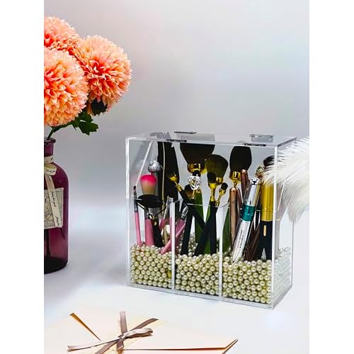 Acrylic Makeup Organizer,Clear Cosmetic Brush Storage Box With 3 Brush Holders,with Dust Cover, Large-capacity Split Design can Quickly Organize the Desktop (with3 bags of white pearls