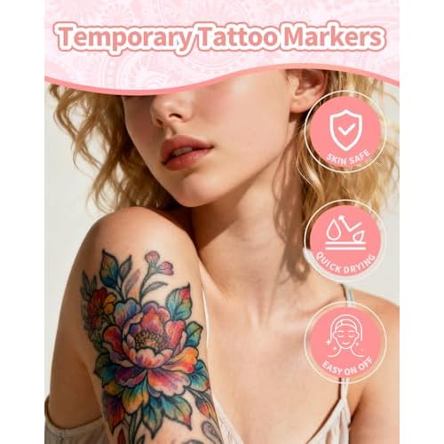 Oiomniv Temporary Tattoo Markers, 15PCS Body Markers Dual-End for Teens Adults, 62 Tattoo Stencils Temporary Tattoos Stickers, Glitter Matte Neon Tattoo Pens, Flexible Brush Tip, Skin Safe