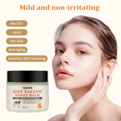 Beef Tallow for Skin, Beef Tallow and Honey Balm, Unscented Grass-Fed Beef Tallow & Raw Wild Honey Balm, All-Natural Moisturizer Hydrating Nourishing for Face & Body - 2 oz