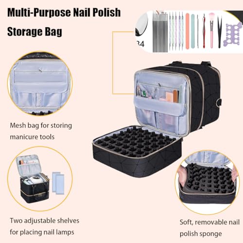 Nail Polish Organizer Bag, 3 Layers Detachable Nail Organizers and Storage, Nail Supplies Organizer, Travel Makeup Bag, Pu Leather Nail Polish Holder Carrying Case Box Holds 84 Bottles & nails Lamp