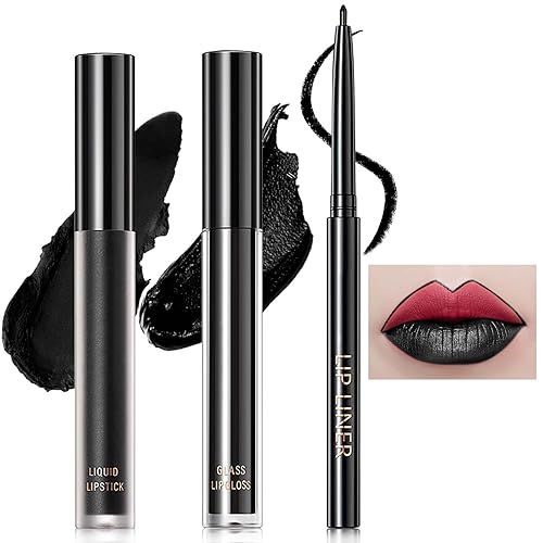 3 PCS Black Matte Liquid Lipstick and Lipliner Set,High Pigmented Matte Lipstick Lipgloss Black Lip Liner Set Long Lasting Waterproof Velvet Liquid Lip Gloss Stain Set for Halloween Gothic Makeup