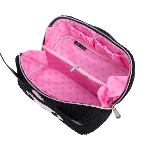 Impressions Vanity Kuromi Unfold Travel Makeup Bag Organizer, Opens Flat Zippered Cosmetic Bag with Cozy Sherpa Fabric Texture, Dual Compartments, Inner Pockets, and Top Carrying Handle
