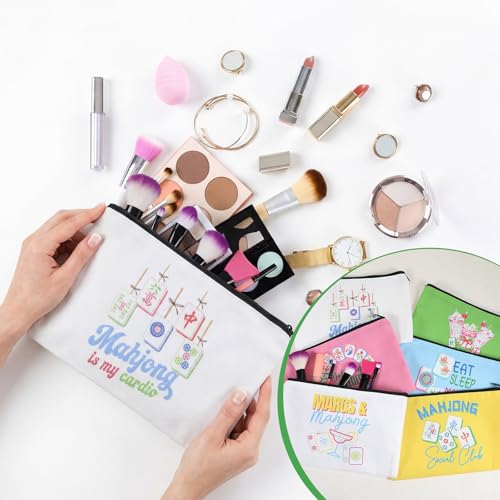 Tallew 12 Pcs Mahjong Canvas Tote Bags Bulk and Makeup Pouches Gifts Set for Women Grocery Bags with Handles Zippered Cosmetic Pouch for Mahjong Lover Player Friend Mom Grandma Lucky Birthday Gift
