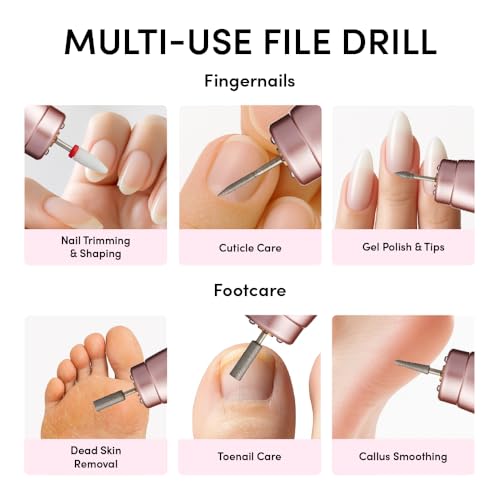 ?clat Cordless Nail Drill Electric File, Professional Efile for Acrylic, Gel, Dip Powder, Portable & Rechargeable Manicure Pedicure Set with LED Light, 7 Drill Bits, Sanding Bands, Brush (Rose Gold)